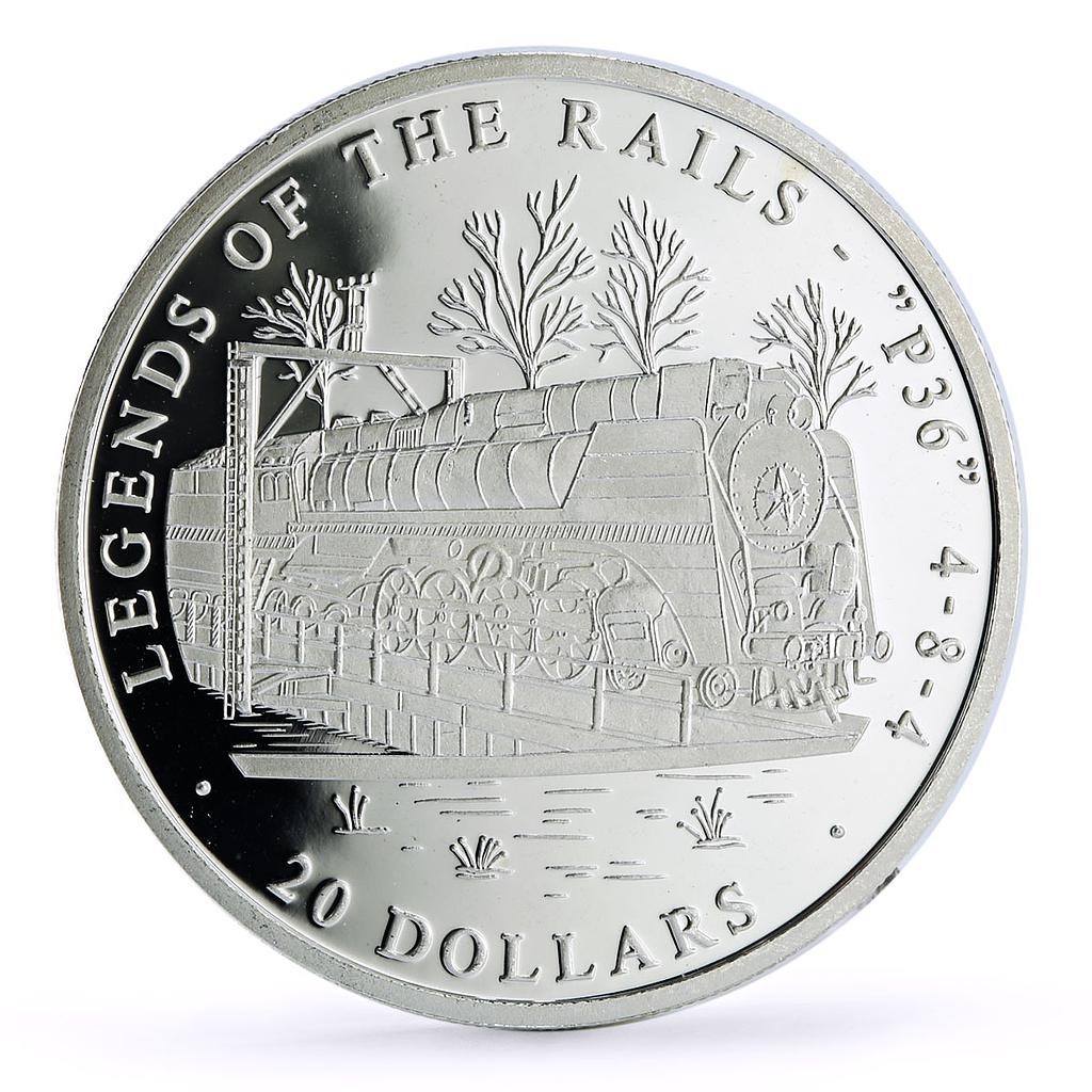 Liberia 20 dollars Railways Railroads Trains P36 484 proof silver coin 2002