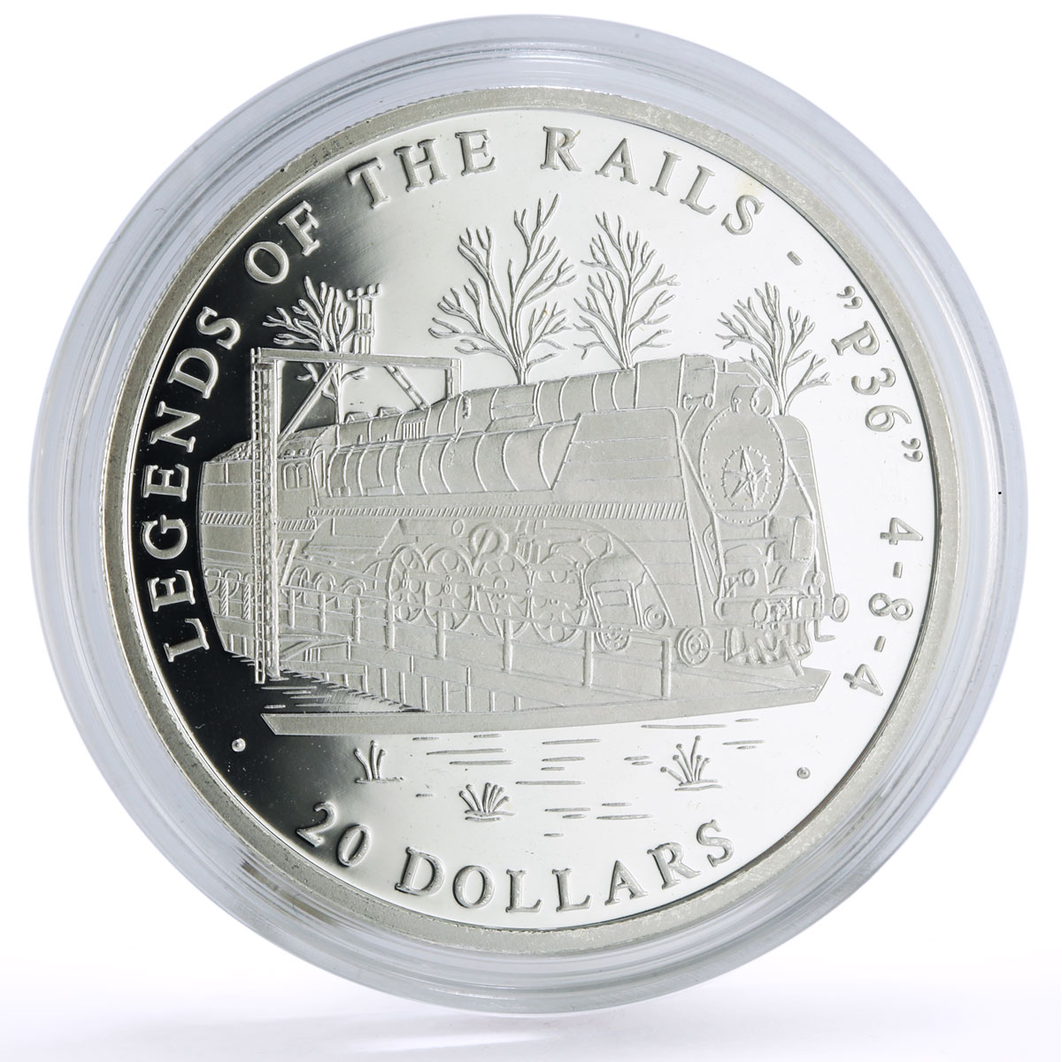 Liberia 20 dollars Railways Railroads Trains P46 484 proof silver coin 2002