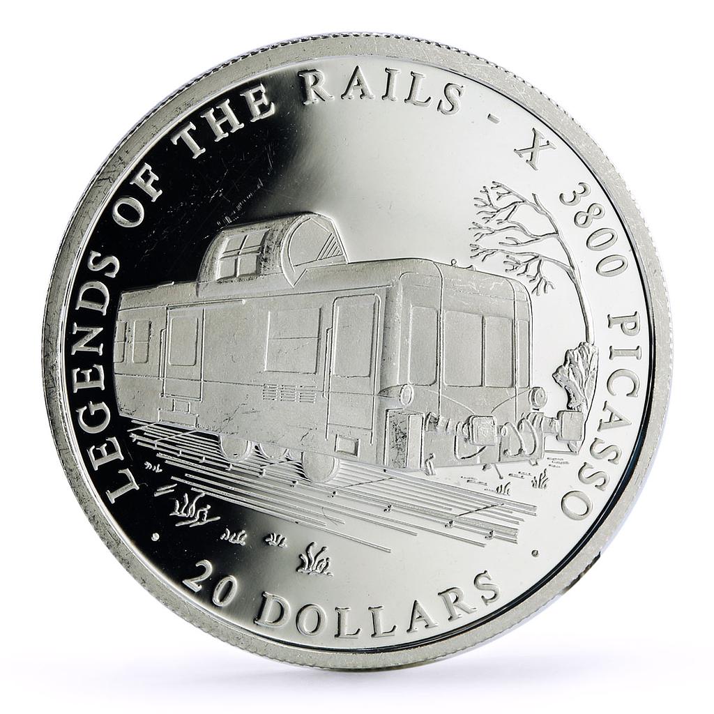 Liberia 20 dollars Railways Railroads Trains Picasso proof silver coin 2002