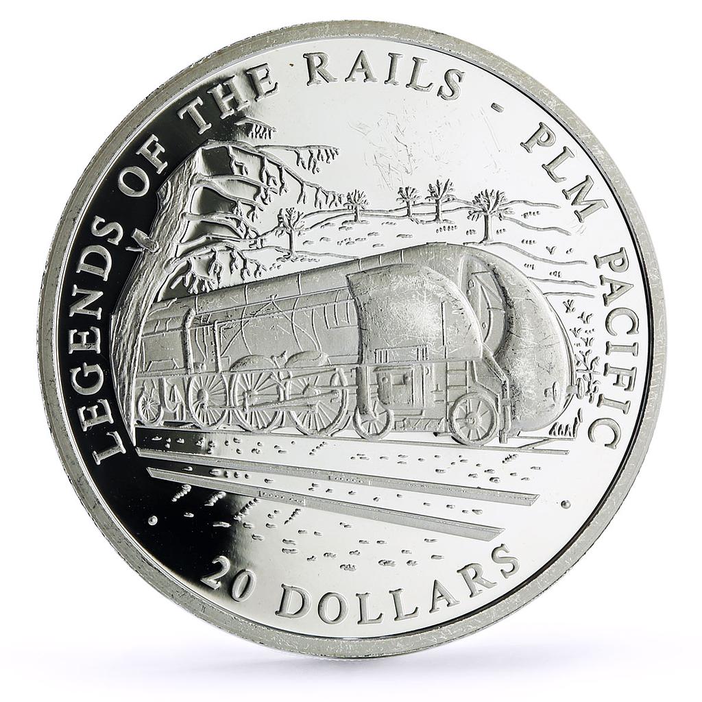 Liberia 20 dollars Railways Railroads Trains PLM Pacific proof silver coin 2002