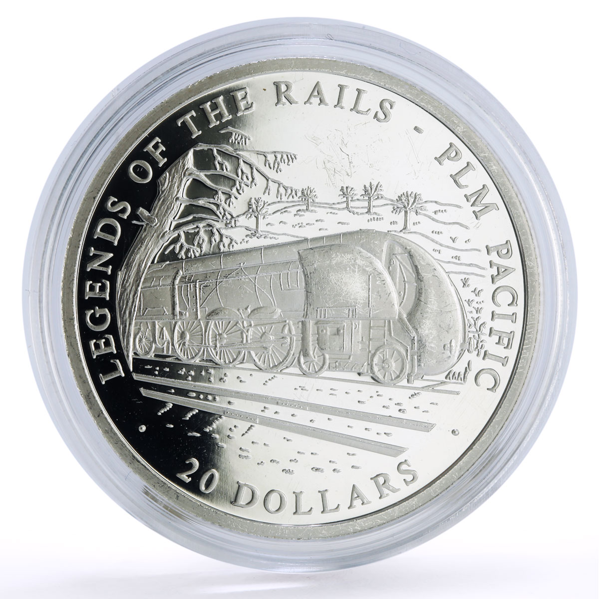 Liberia 20 dollars Railways Railroads Trains PLM Pacific proof silver coin 2002