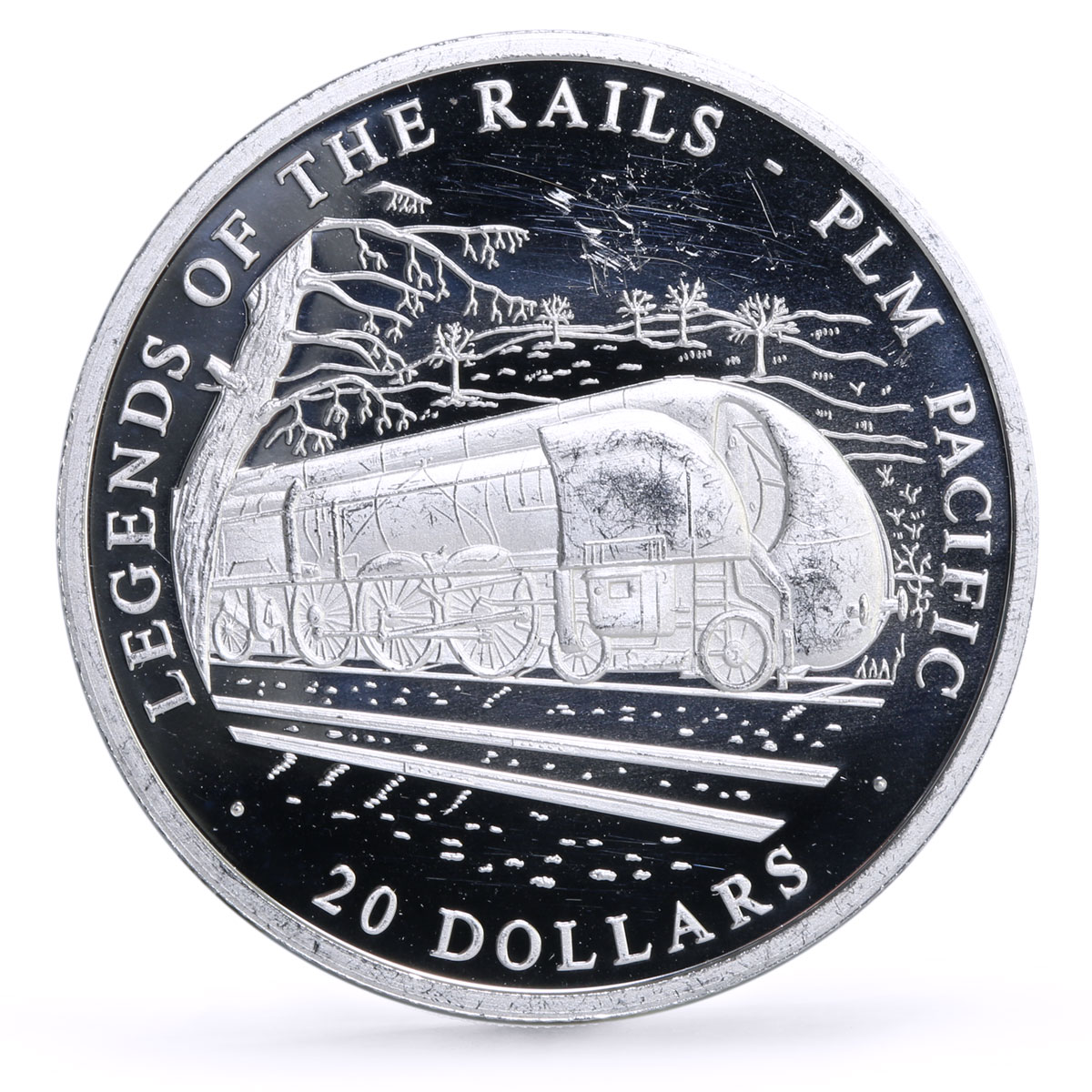 Liberia 20 dollars Railways Railroads Trains PLM Pacific proof silver coin 2002