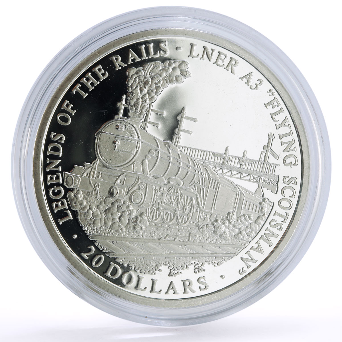 Liberia 20 dollars Railways Railroads Trains A3 Scotsman proof silver coin 2002