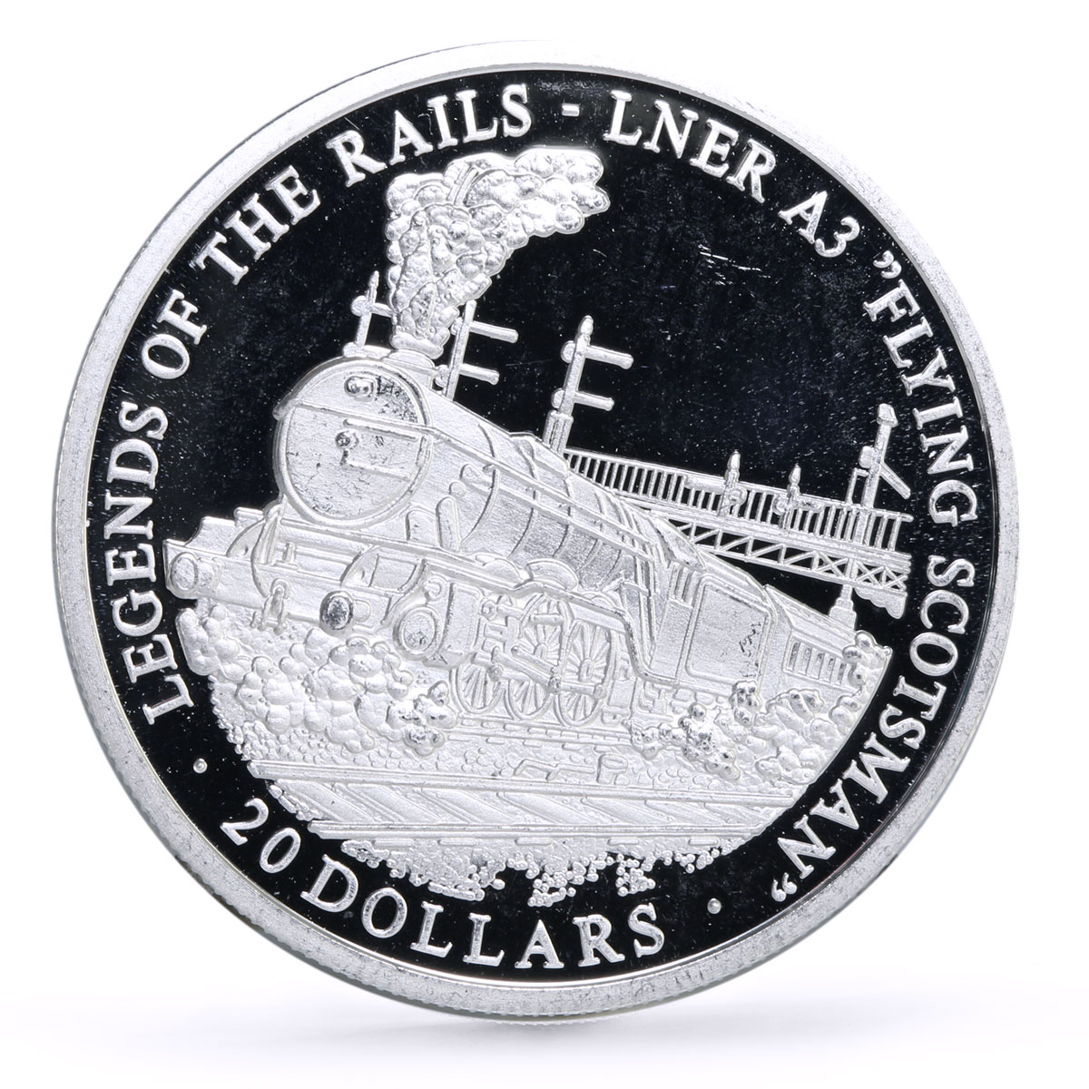 Liberia 20 dollars Railways Railroads Trains A3 Scotsman proof silver coin 2002