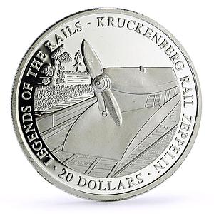 Liberia 20 dollars Railways Railroads Trains Zeppelin proof silver coin 2002