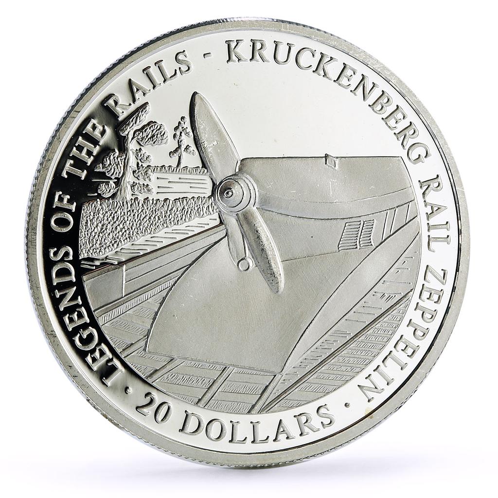 Liberia 20 dollars Railways Railroads Trains Zeppelin proof silver coin 2002