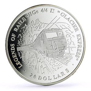 Liberia 20 dollars Railways Railroads Trains Glacier proof silver coin 2003