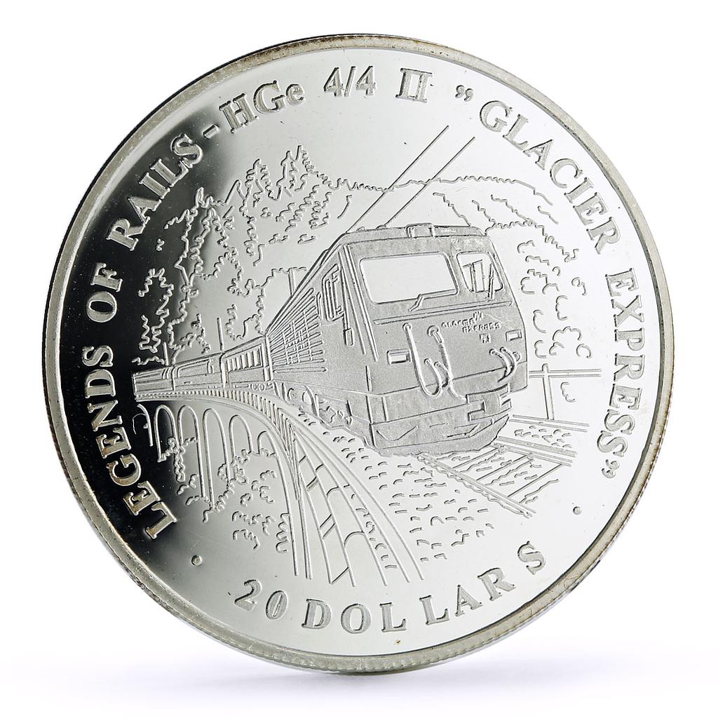 Liberia 20 dollars Railways Railroads Trains Glacier proof silver coin 2003