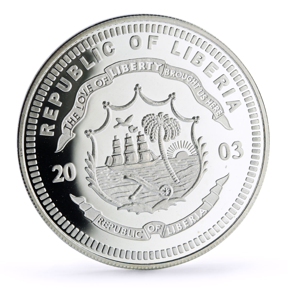 Liberia 20 dollars Railways Railroads Trains Glacier proof silver coin 2003
