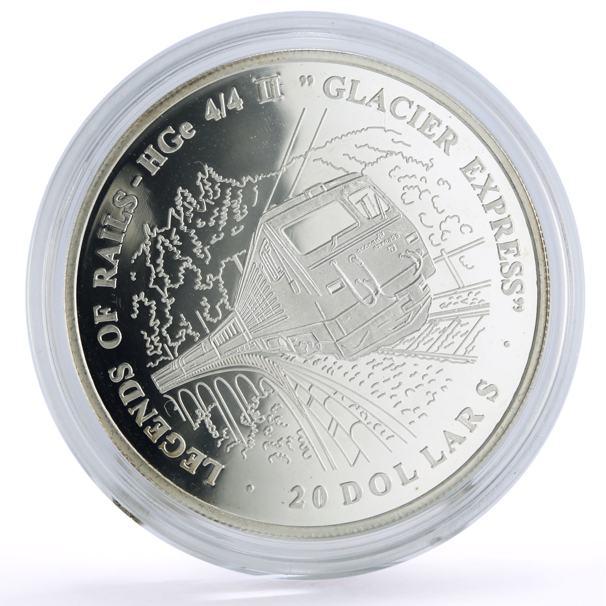 Liberia 20 dollars Railways Railroads Trains Glacier proof silver coin 2003