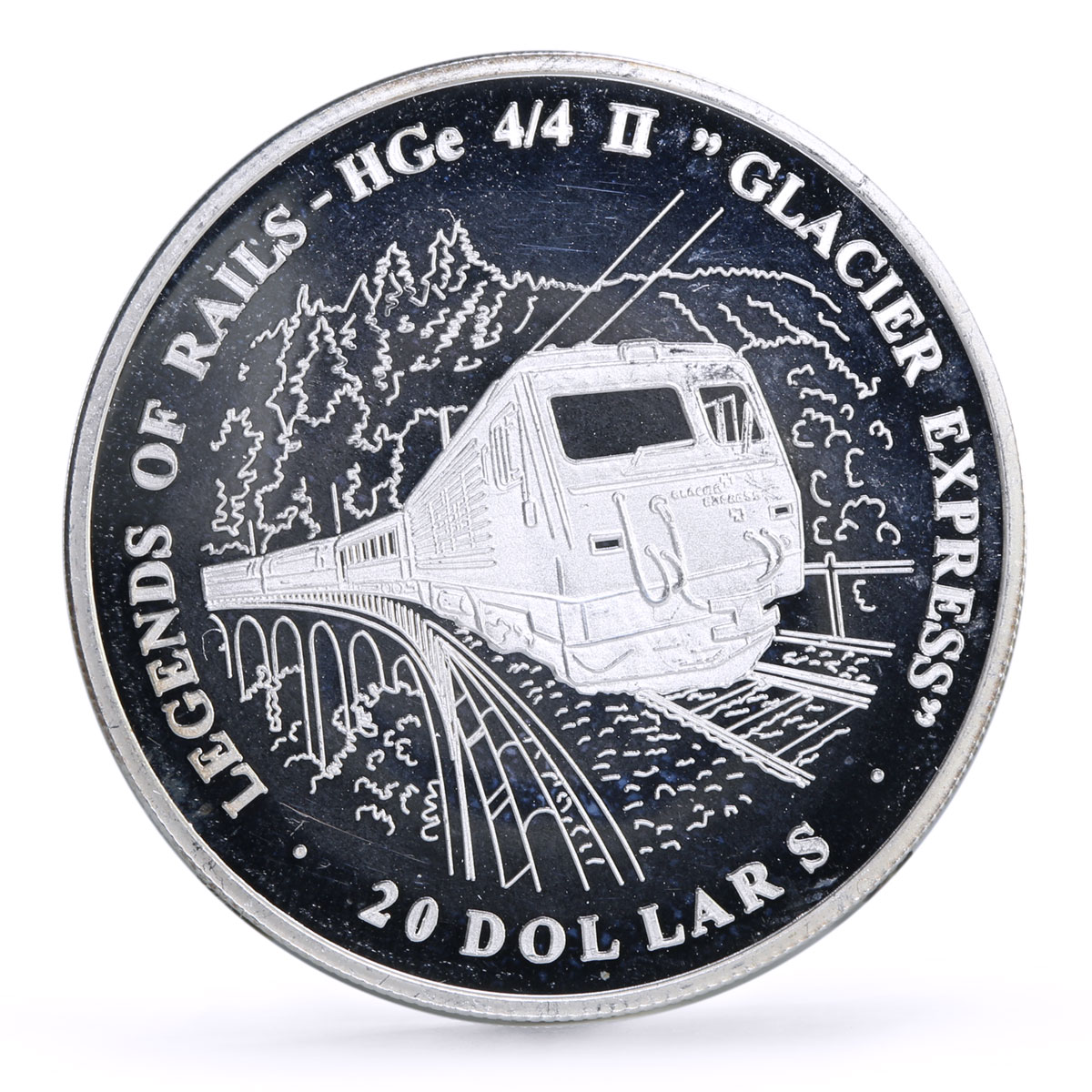 Liberia 20 dollars Railways Railroads Trains Glacier proof silver coin 2003