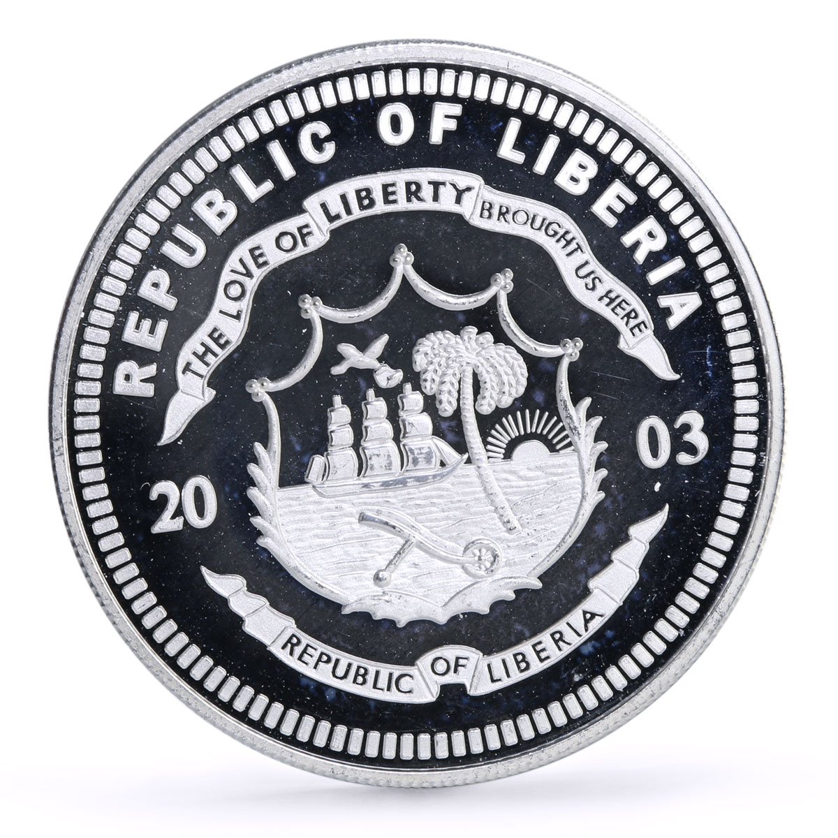 Liberia 20 dollars Railways Railroads Trains Glacier proof silver coin 2003