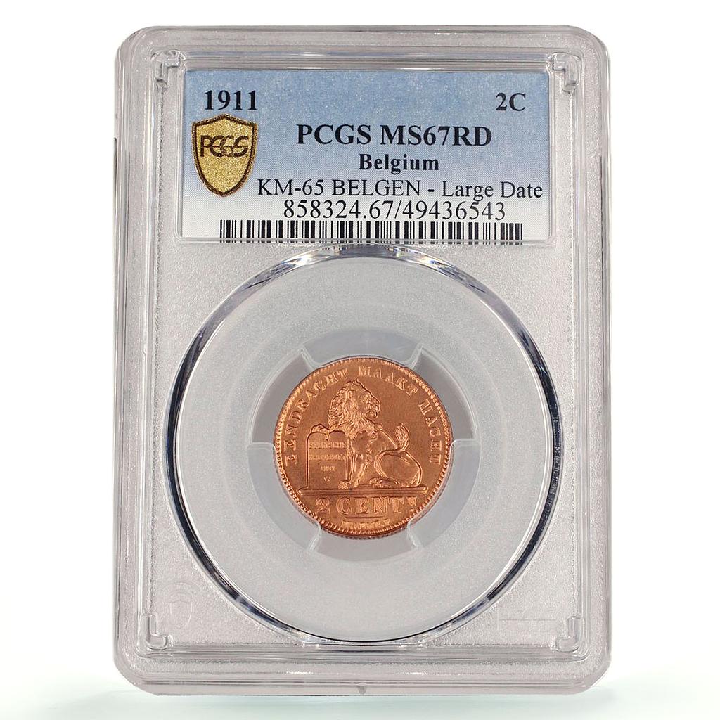 Belgium 2 cents Albert I Coinage Lion Arms Dutch Legend MS67 PCGS Cu coin 1911