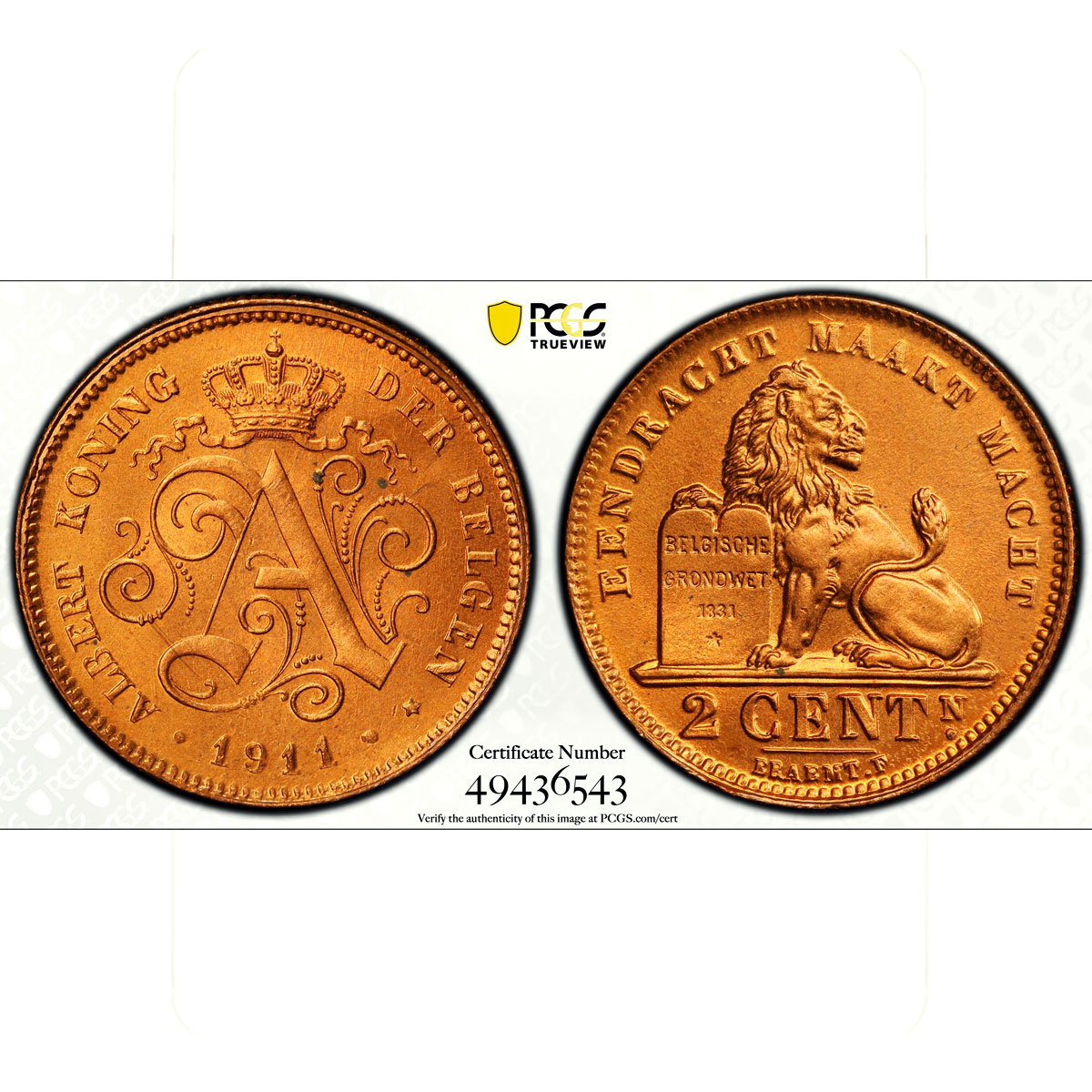 Belgium 2 cents Albert I Coinage Lion Arms Dutch Legend MS68 PCGS Cu coin 1911