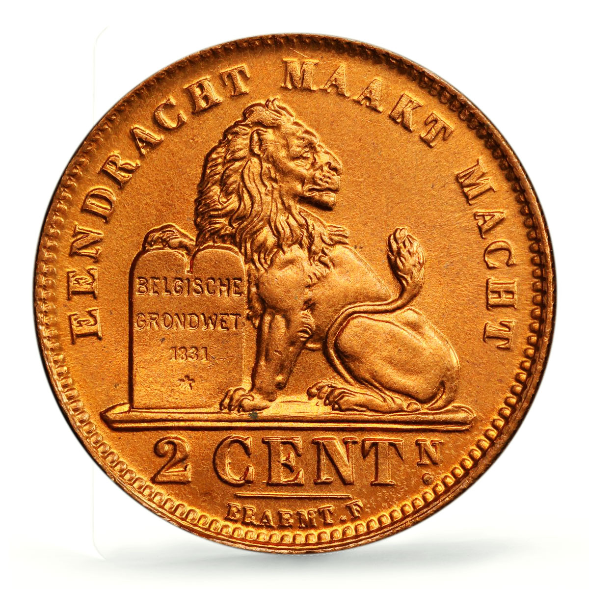 Belgium 2 cents Albert I Coinage Lion Arms Dutch Legend MS68 PCGS Cu coin 1911