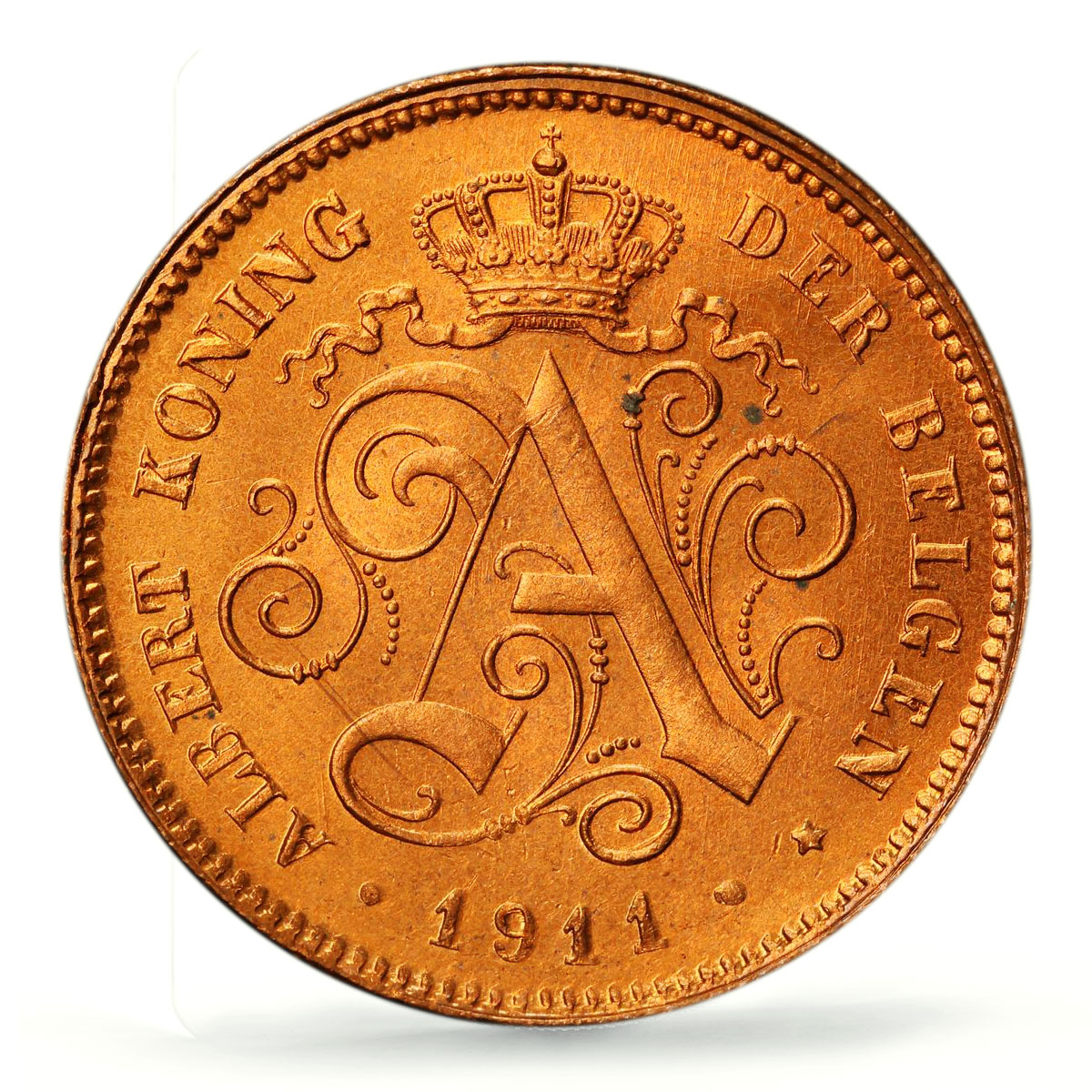 Belgium 2 cents Albert I Coinage Lion Arms Dutch Legend MS68 PCGS Cu coin 1911