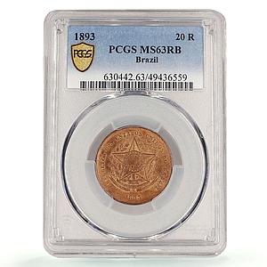 Brazil 20 reis Regular Coinage VINTEM KM-490 MS63 PCGS bronze coin 1893
