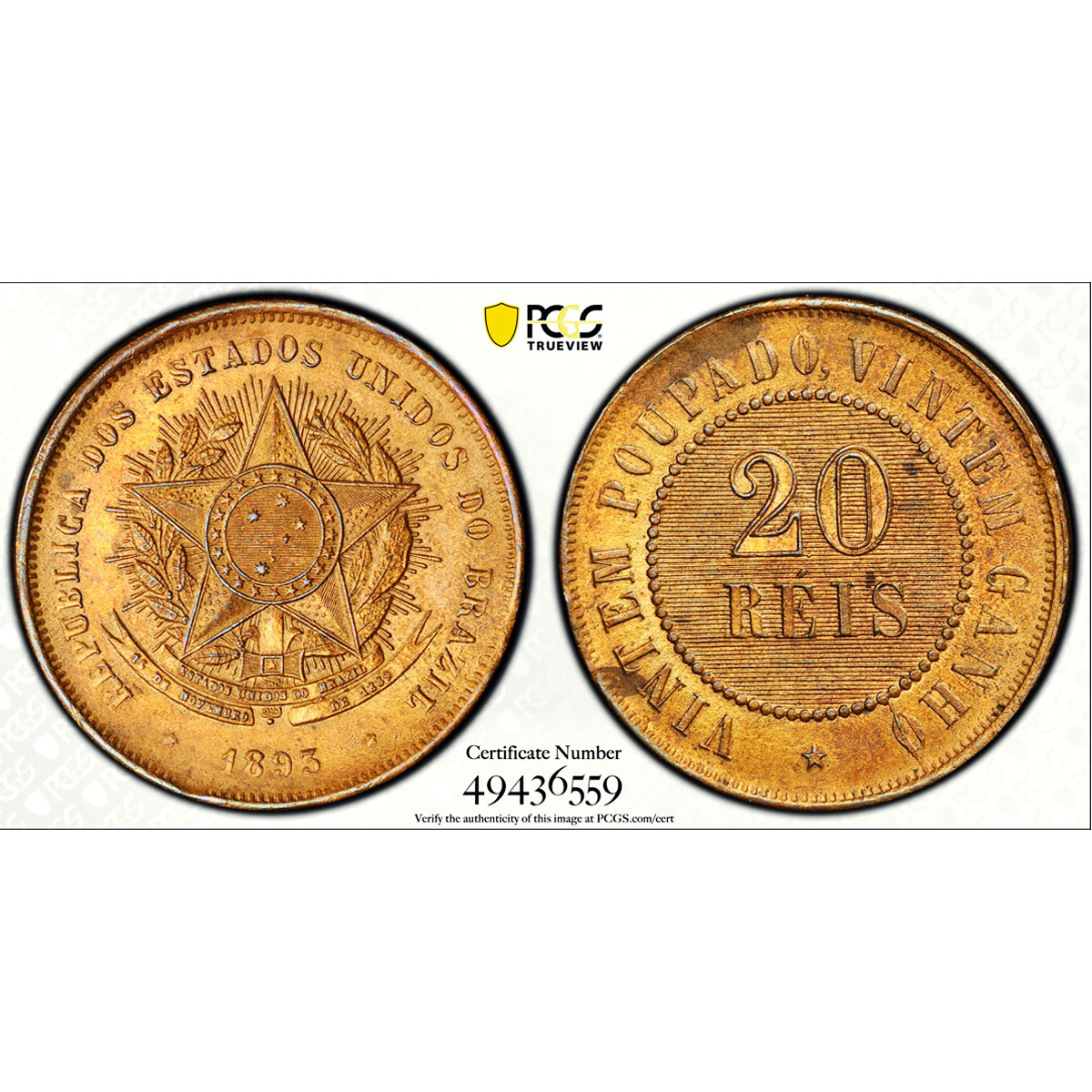 Brazil 20 reis Regular Coinage VINTEM KM-490 MS63 PCGS bronze coin 1893