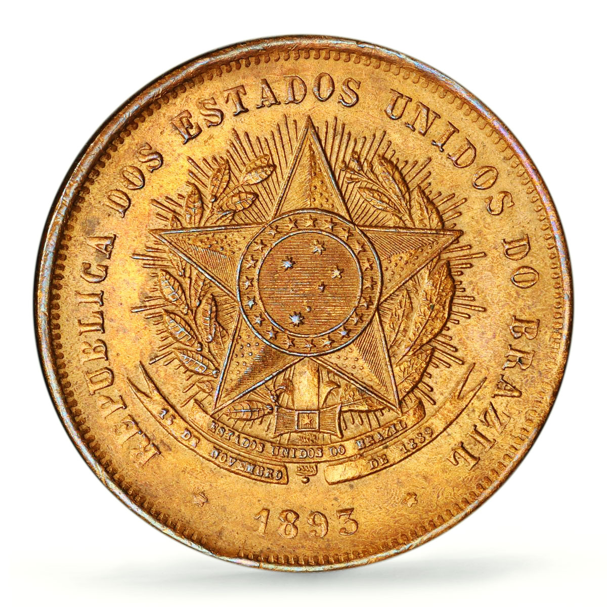 Brazil 20 reis Regular Coinage VINTEM KM-490 MS63 PCGS bronze coin 1893