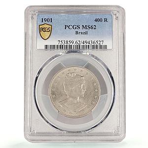Brazil 400 reis Regular Coinage Libertad Liberty KM-505 MS62 PCGS CuNi coin 1901