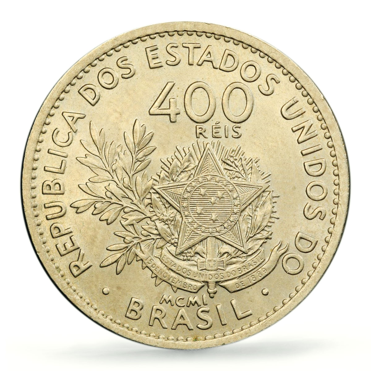 Brazil 400 reis Regular Coinage Libertad Liberty KM-505 MS62 PCGS CuNi coin 1901