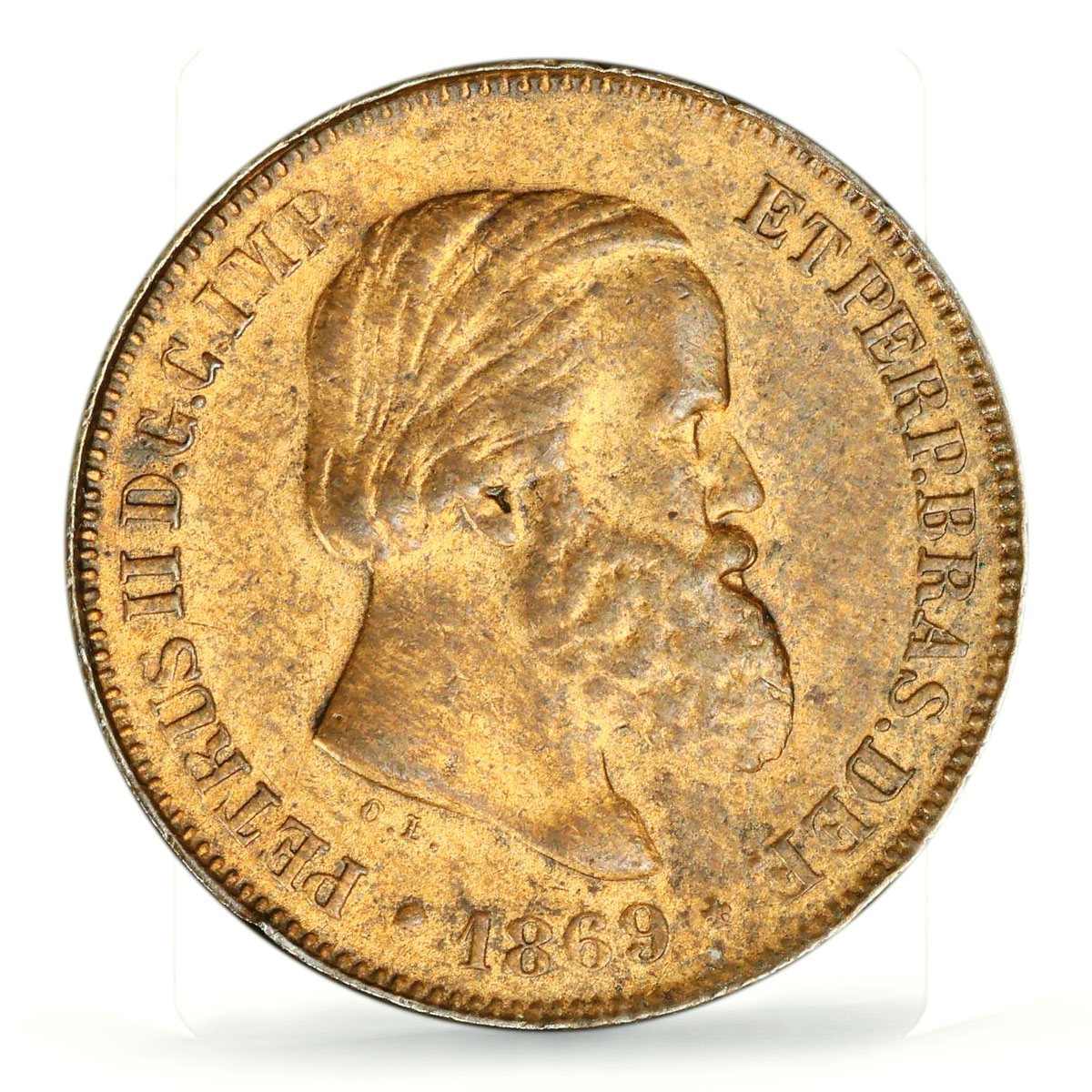 Brazil 10 reis King Pedro II Coinage Brussels KM-473 MS62 PCGS bronze coin 1869