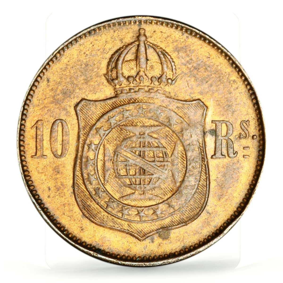 Brazil 10 reis King Pedro II Coinage Brussels KM-473 MS62 PCGS bronze coin 1869