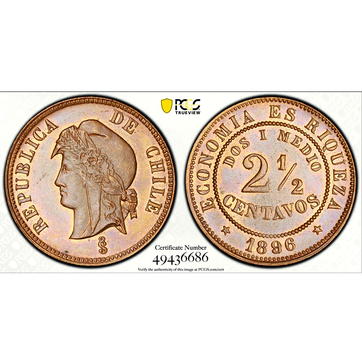Chile 2 1/2 centavos Republic Coinage Libertad Toned KM-150 MS64 PCGS coin 1896