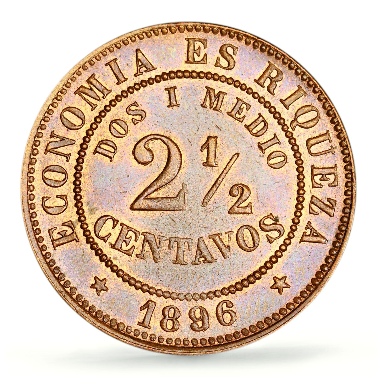 Chile 2 1/2 centavos Republic Coinage Libertad Toned KM-150 MS64 PCGS coin 1896