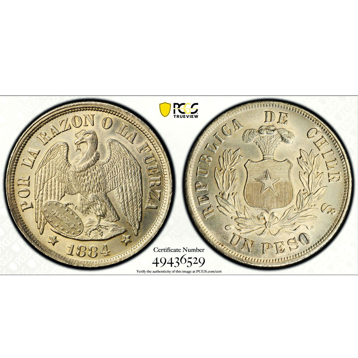 Chile 1 peso Regular Coinage Condor Old Peso KM-142 AU PCGS silver coin 1884