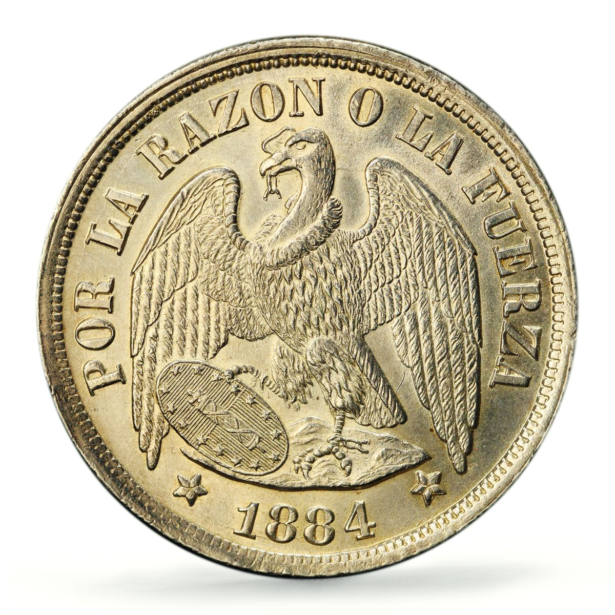 Chile 1 peso Regular Coinage Condor Old Peso KM-142 AU PCGS silver coin 1884