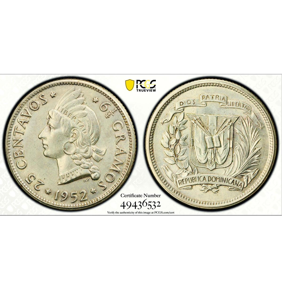 Dominican Republic 20 centavos Regular Coinage KM-20 MS62 PCGS silver coin 1952