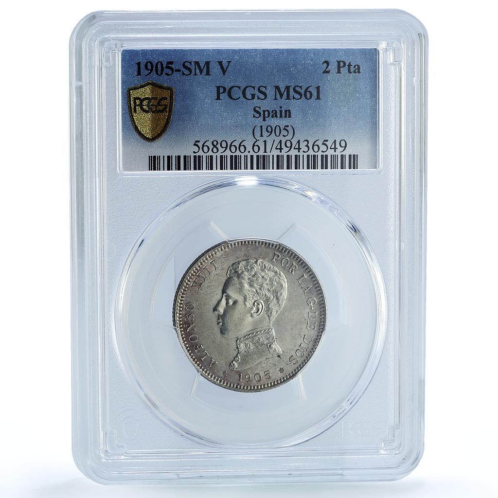Spain 2 pesetas Regular Coinage Alfonso XIII KM-725 MS61 PCGS silver coin 1905 Spain 2 pesetas Regular Coinage Alfonso XIII KM-725 MS61 PCGS silver coin 1905
