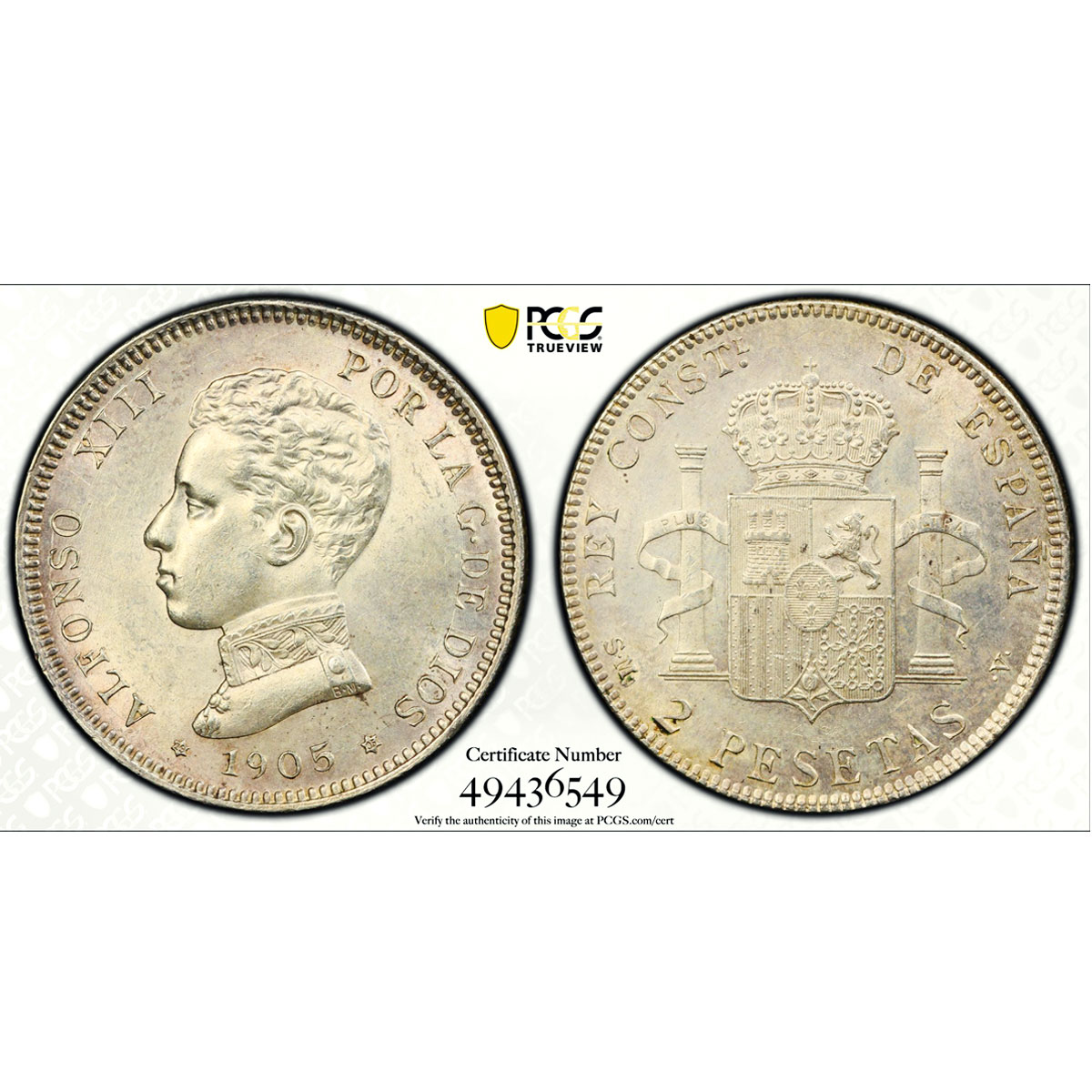 Spain 2 pesetas Regular Coinage Alfonso XIII KM-725 MS61 PCGS silver coin 1905