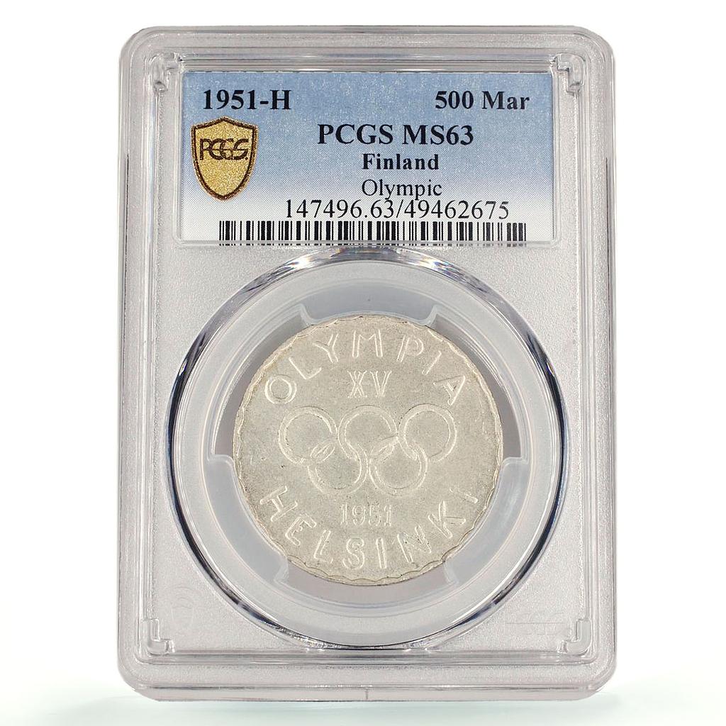 Finland 500 markaa Helsinki Winter Olympic Games KM-35 MS63 PCGS Ag coin 1951