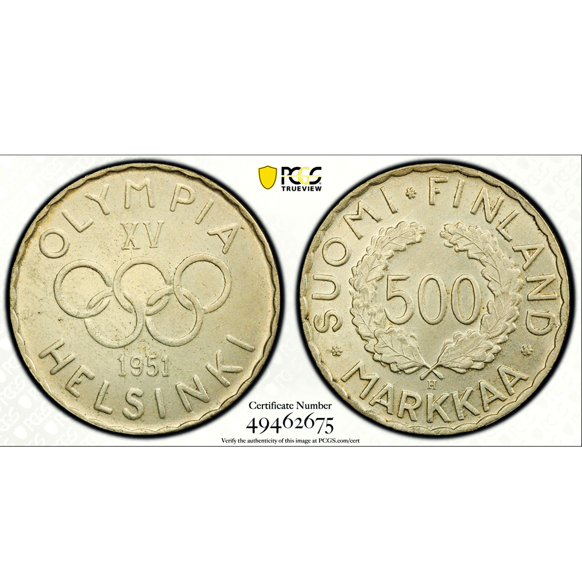 Finland 500 markaa Helsinki Winter Olympic Games KM-35 MS63 PCGS Ag coin 1951