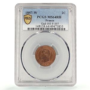 France 2 centimes Napoleon III Coinage Eagle KM-776 MS64 PCGS bronze coin 1857