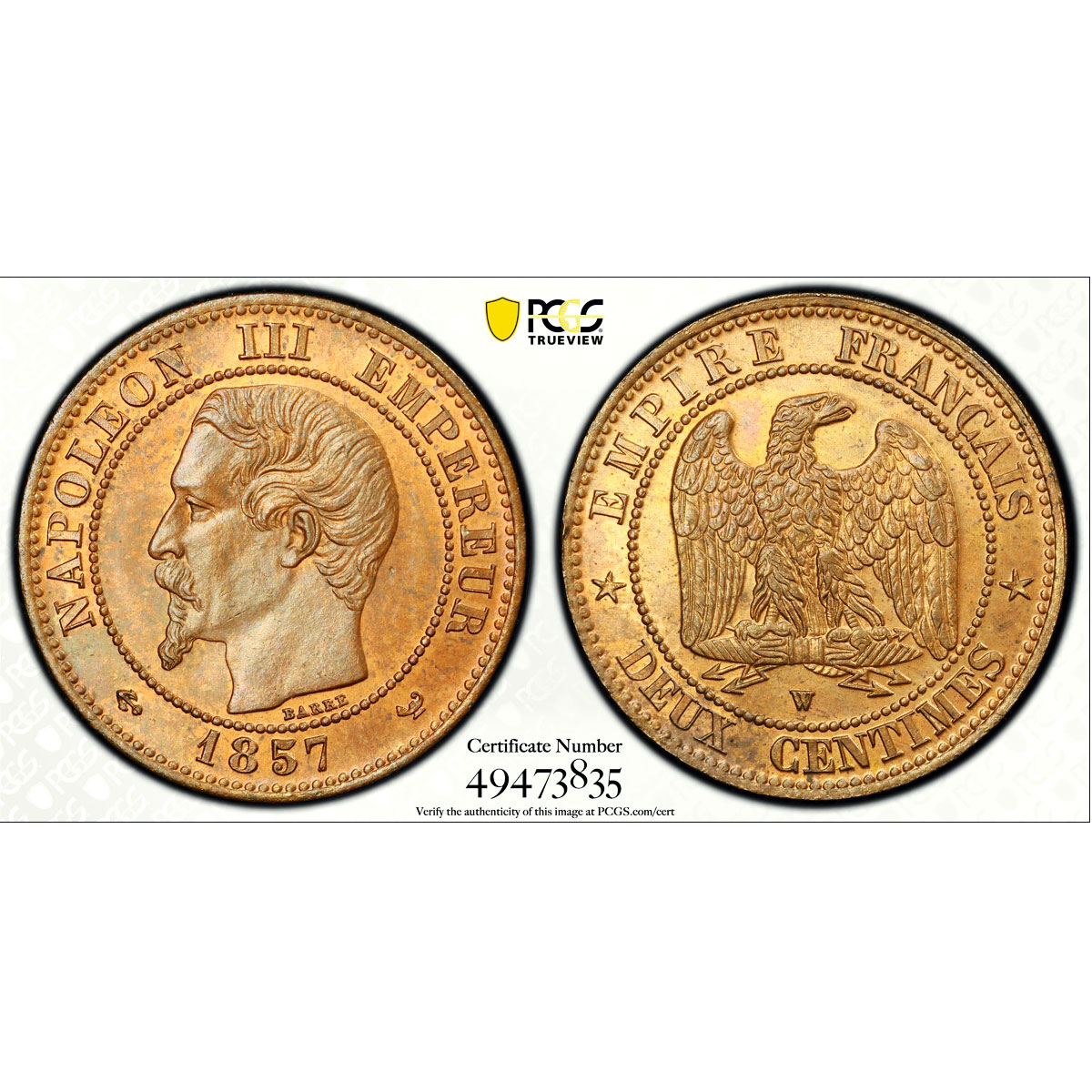 France 2 centimes Napoleon III Coinage Eagle KM-776 MS64 PCGS bronze coin 1857