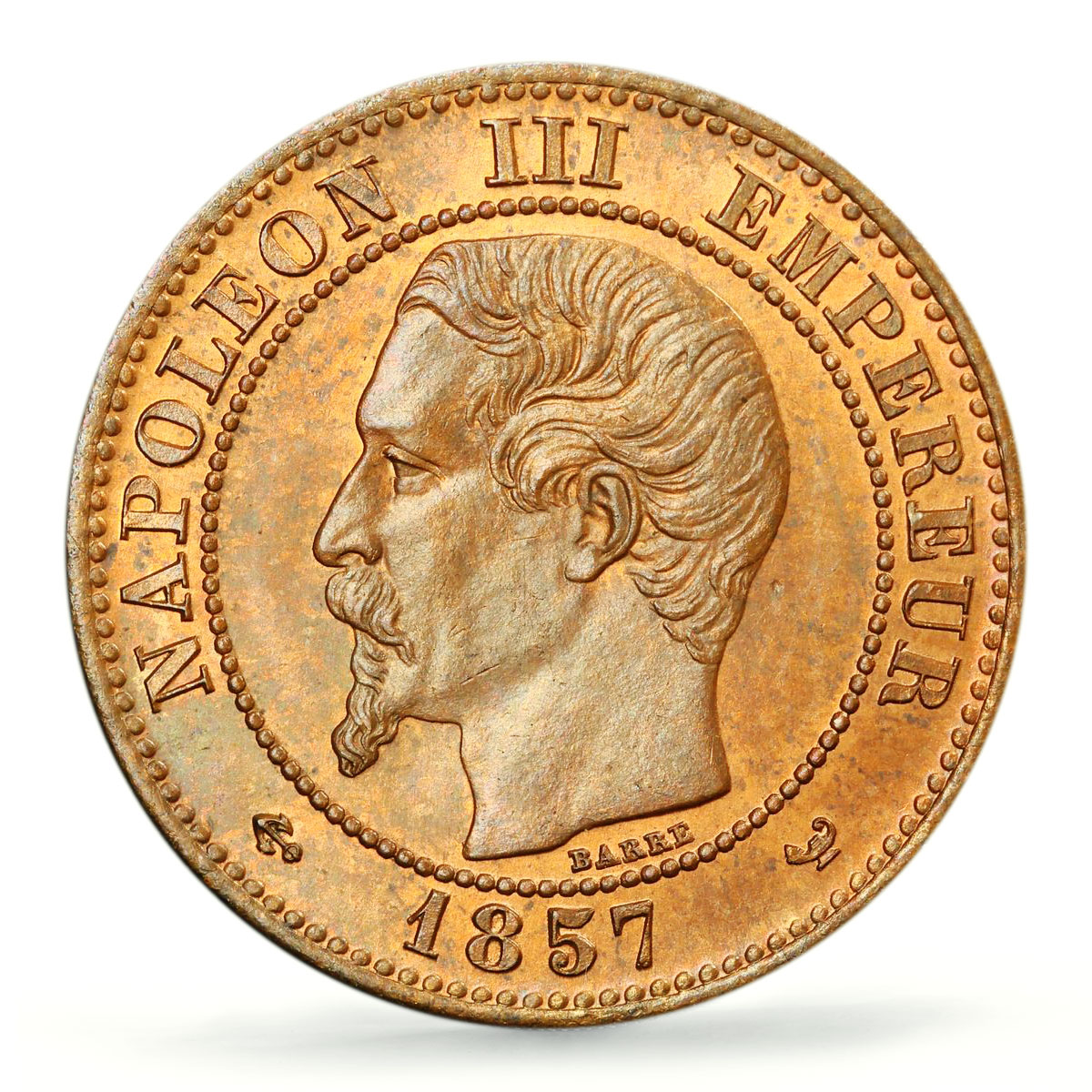 France 2 centimes Napoleon III Coinage Eagle KM-776 MS64 PCGS bronze coin 1857