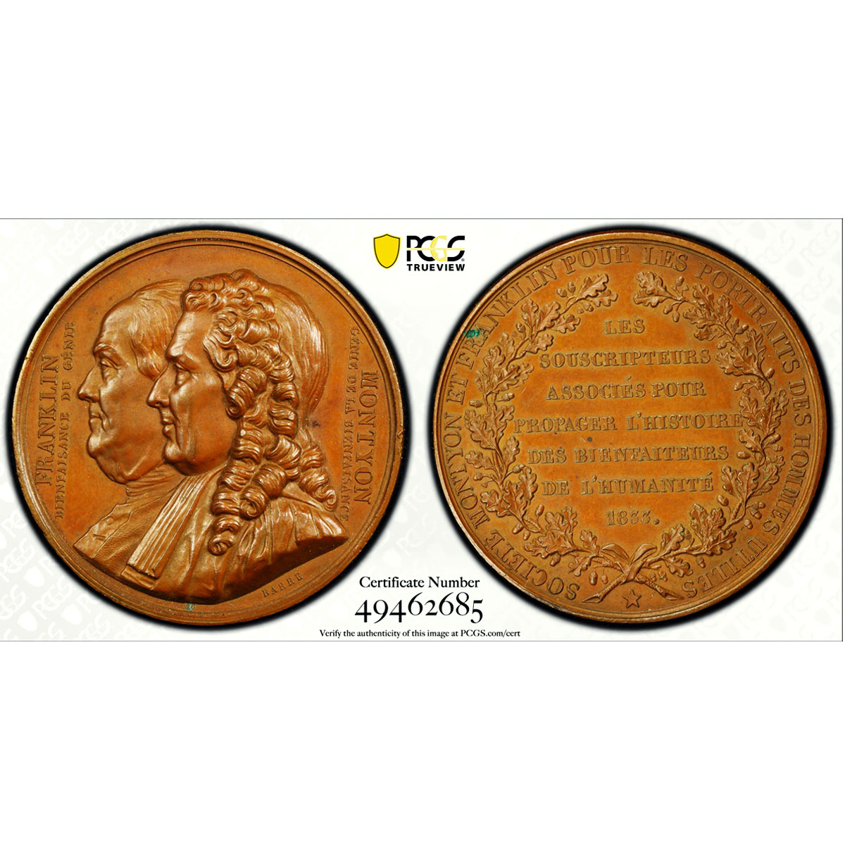 France Franklin Montyon Society Politics SP63 PCGS bronze token medal coin 1833