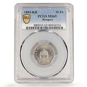 Hungary 20 filler Francis Joseph I Coinage KM-483 MS65 PCGS nickel coin 1893