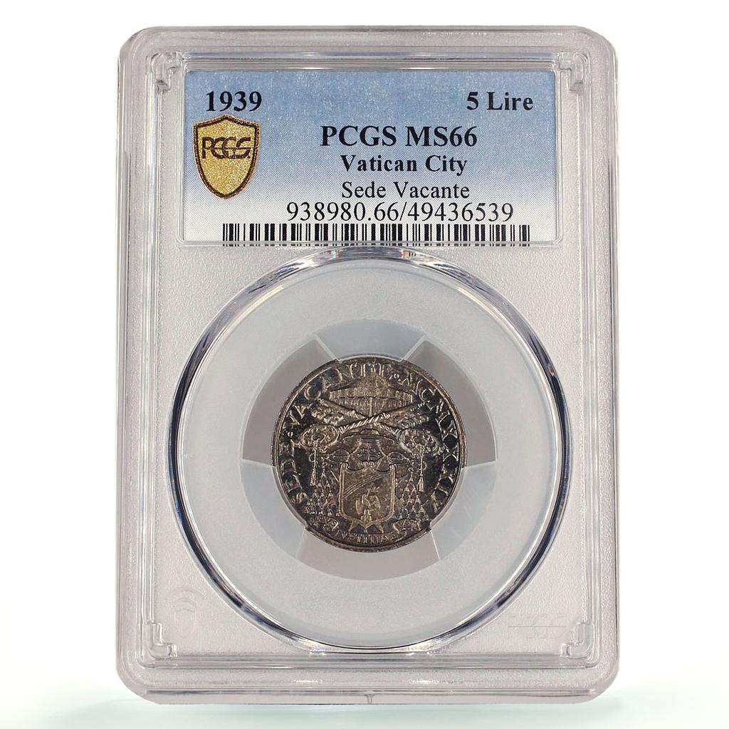 Italy Vatican 5 lire Sede Vacante Dove Bird Sun KM-20 MS66 PCGS silver coin 1939