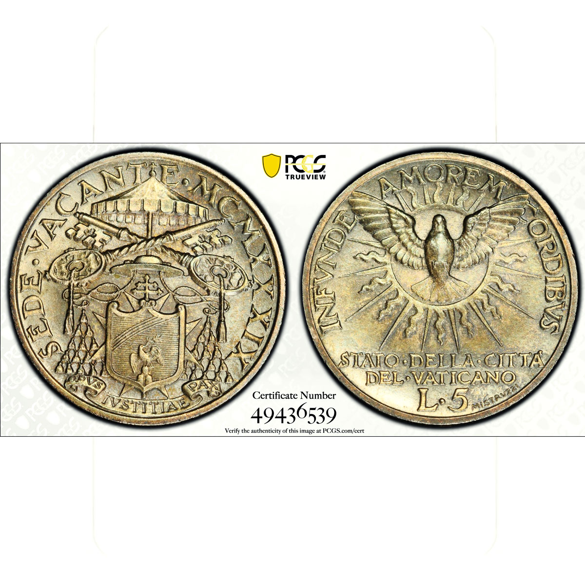 Italy Vatican 5 lire Sede Vacante Dove Bird Sun KM-20 MS66 PCGS silver coin 1939