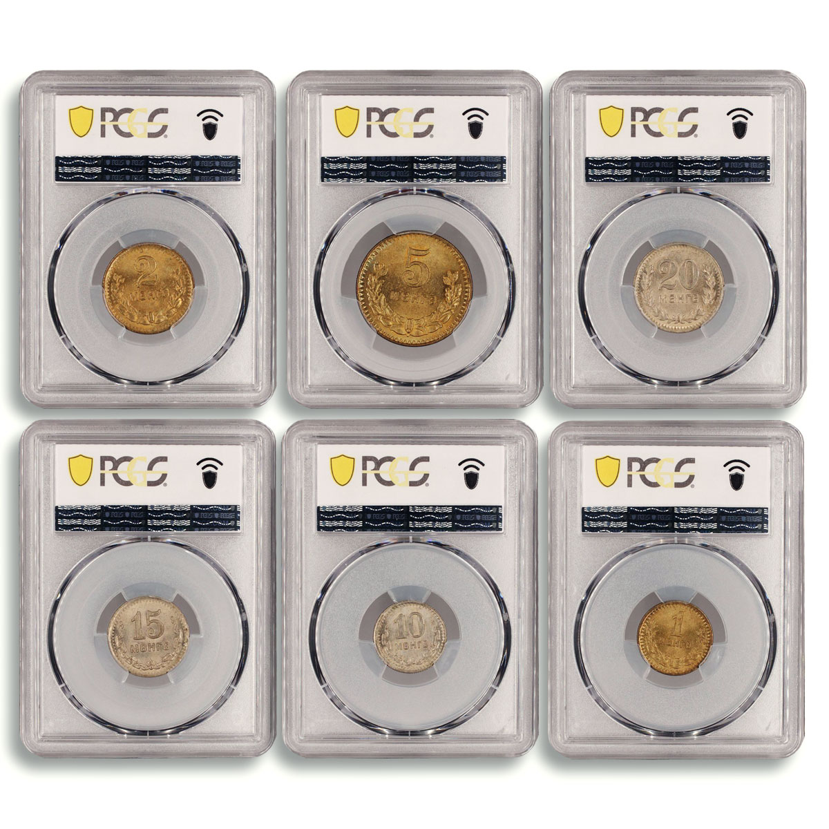 Mongolia 1 2 5 10 15 20 mongo Set Republic Coinage MS65 - MS66 PCGS coins 1945