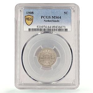 Netherlands 5 cents Queen Wilhelmina Coinage KM-137 MS64 PCGS CuNi coin 1908