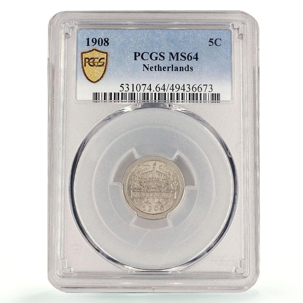 Netherlands 5 cents Queen Wilhelmina Coinage KM-137 MS64 PCGS CuNi coin 1908