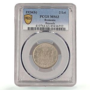 Romania 2 lei Ferdinand I Coinage Brussels Mint KM-47 MS63 PCGS CuNi coin 1924