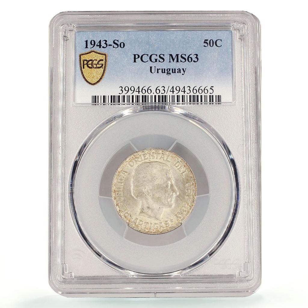 Uruguay 50 centesimos Oriental Artigas Coinage KM-31 MS63 PCGS silver coin 1943