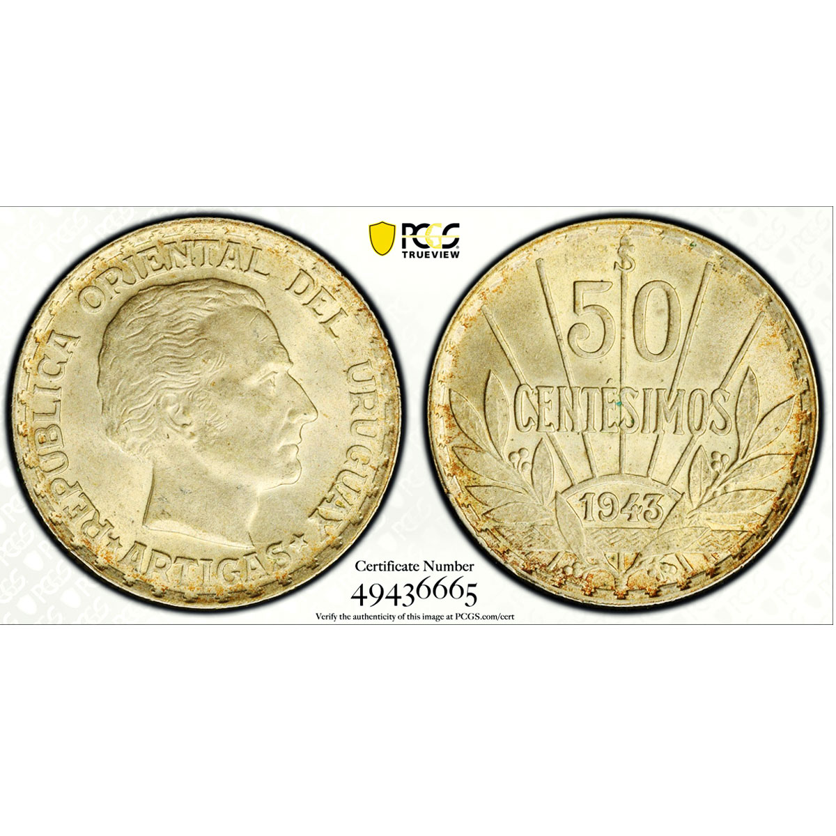 Uruguay 50 centesimos Oriental Artigas Coinage KM-31 MS63 PCGS silver coin 1943