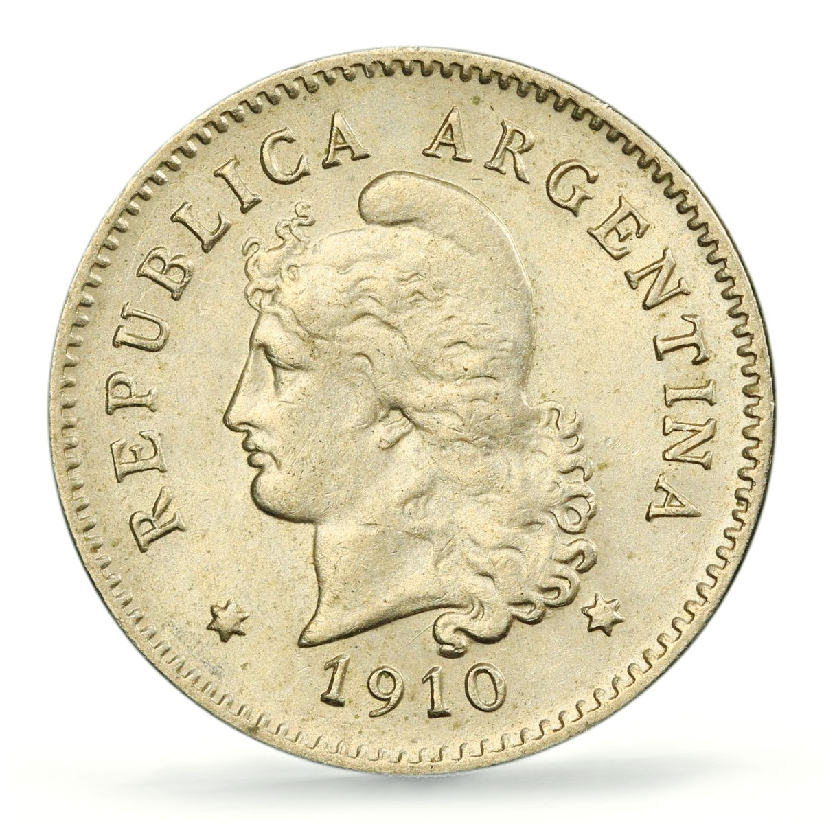Argentina 10 centavos Regular Coinage Libertad Liberty MS63 PCGS CuNi coin 1910